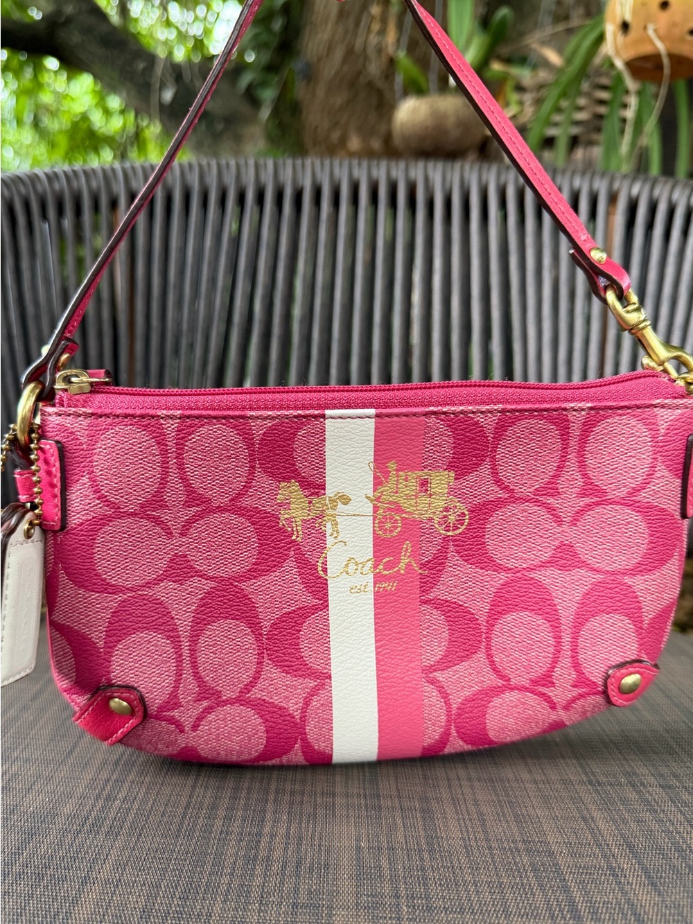 Coach Hot Pink Signature Mini shoulder Bag Wristlet with White Stripe